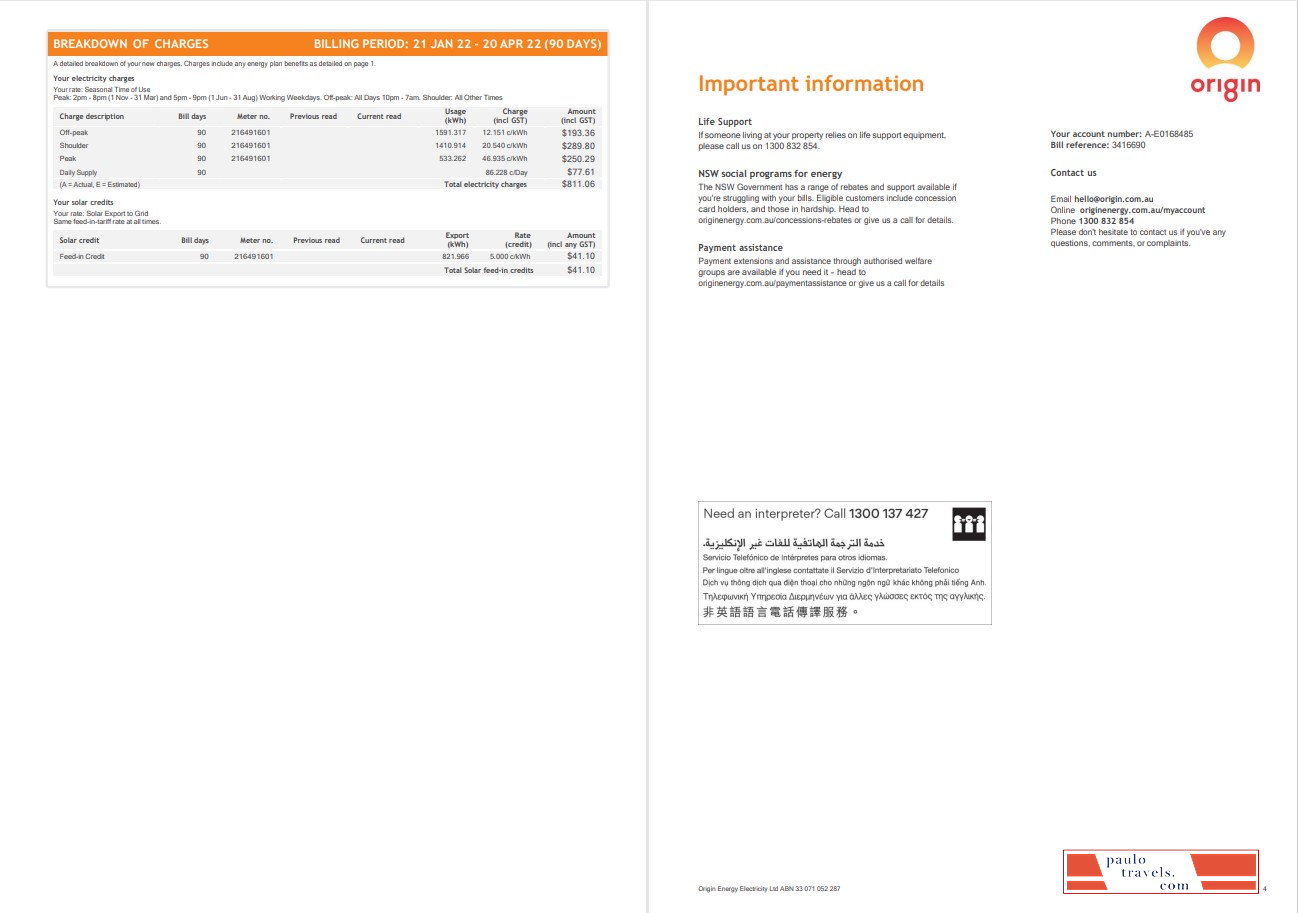 Australia Origin utility bill, Word and PDF template, 4 pages 3 4